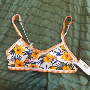 New Look White Bikini Top with Yellow Floral Print and Orange Trim